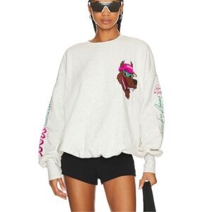 The Laundry Room White Crewneck Sweatshirt with Pink & Teal Embroidery